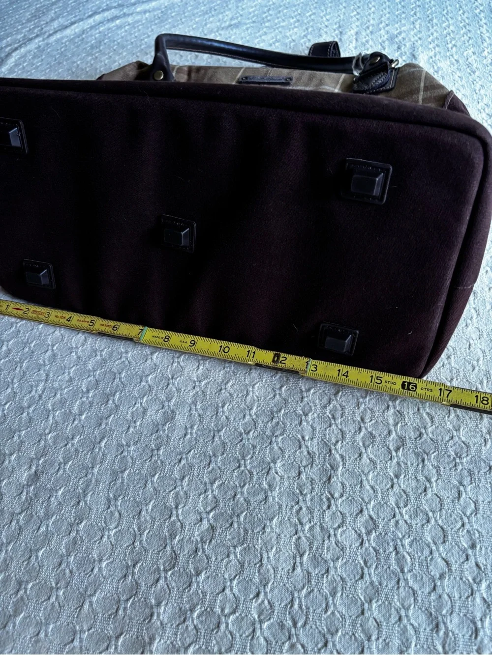 Eddie Bauer Brown Plaid Canvas Duffel Bag with Dark Trim